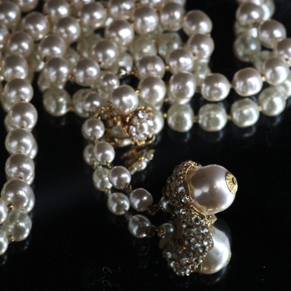 MIRIAM HASKELL COUTURE BAROQUE PEARL RHINESTONES MINT LARIAT NECKLACE - Picture 2 of 14